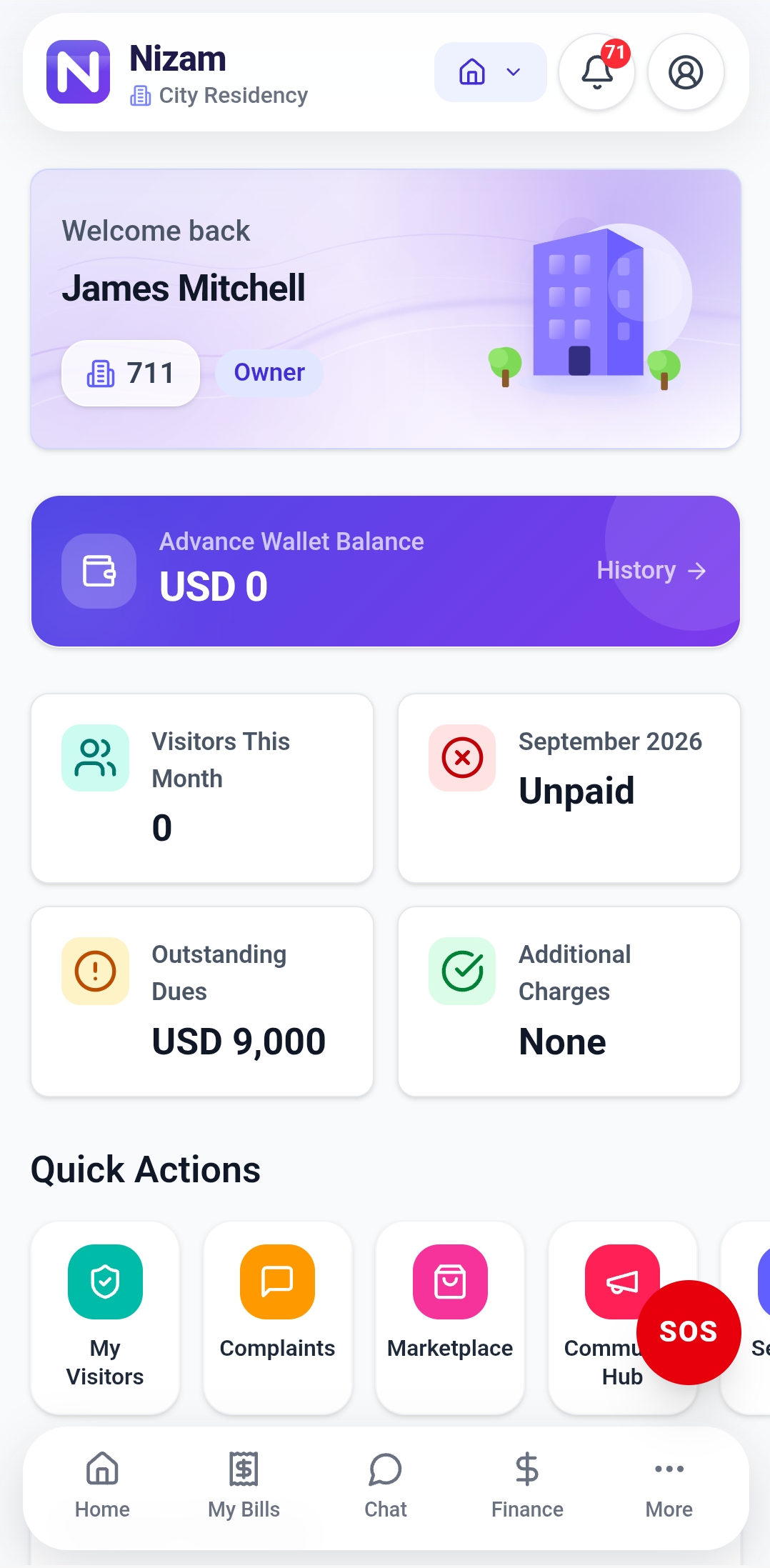 Nizam resident home screen showing wallet balance and quick actions